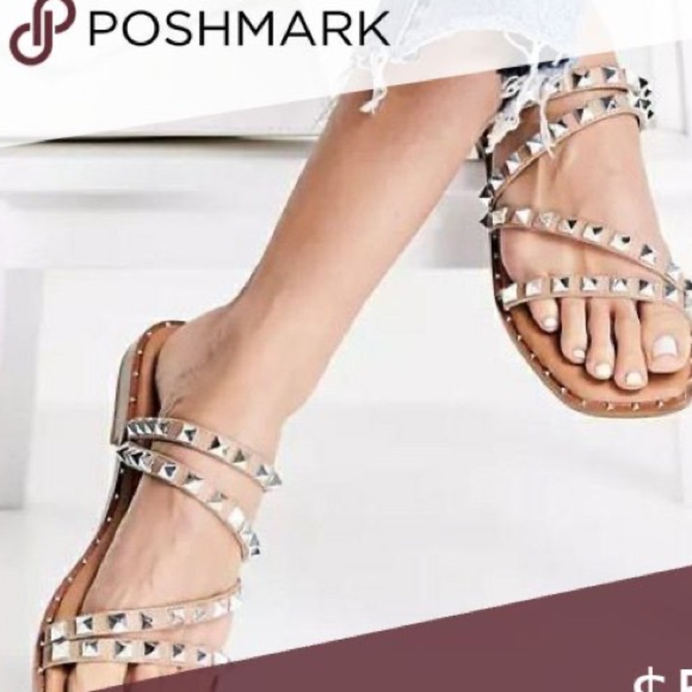 Steve Madden Selina Silver Studded Strappy Slide Sandals - Tan